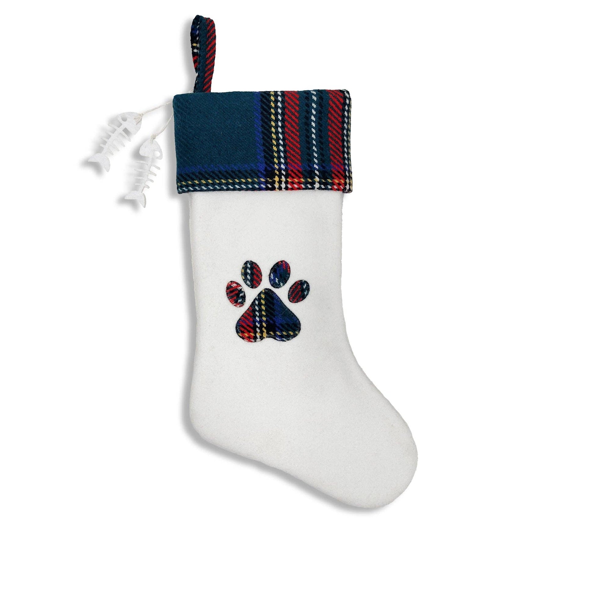 Woven Plaid and Felt Pet Christmas Stocking with Paw Print and Bone Charms