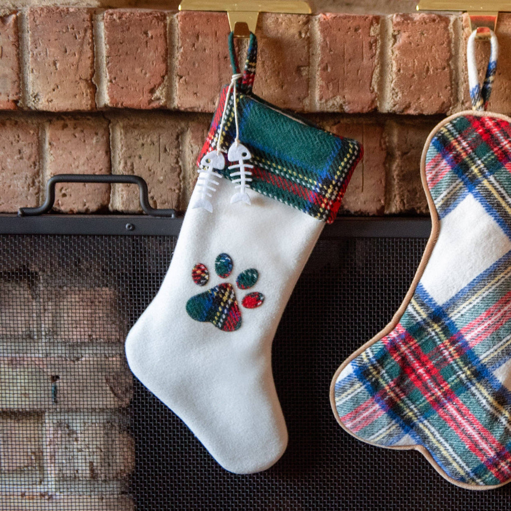 Woven Plaid and Felt Pet Christmas Stocking with Paw Print and Bone Charms