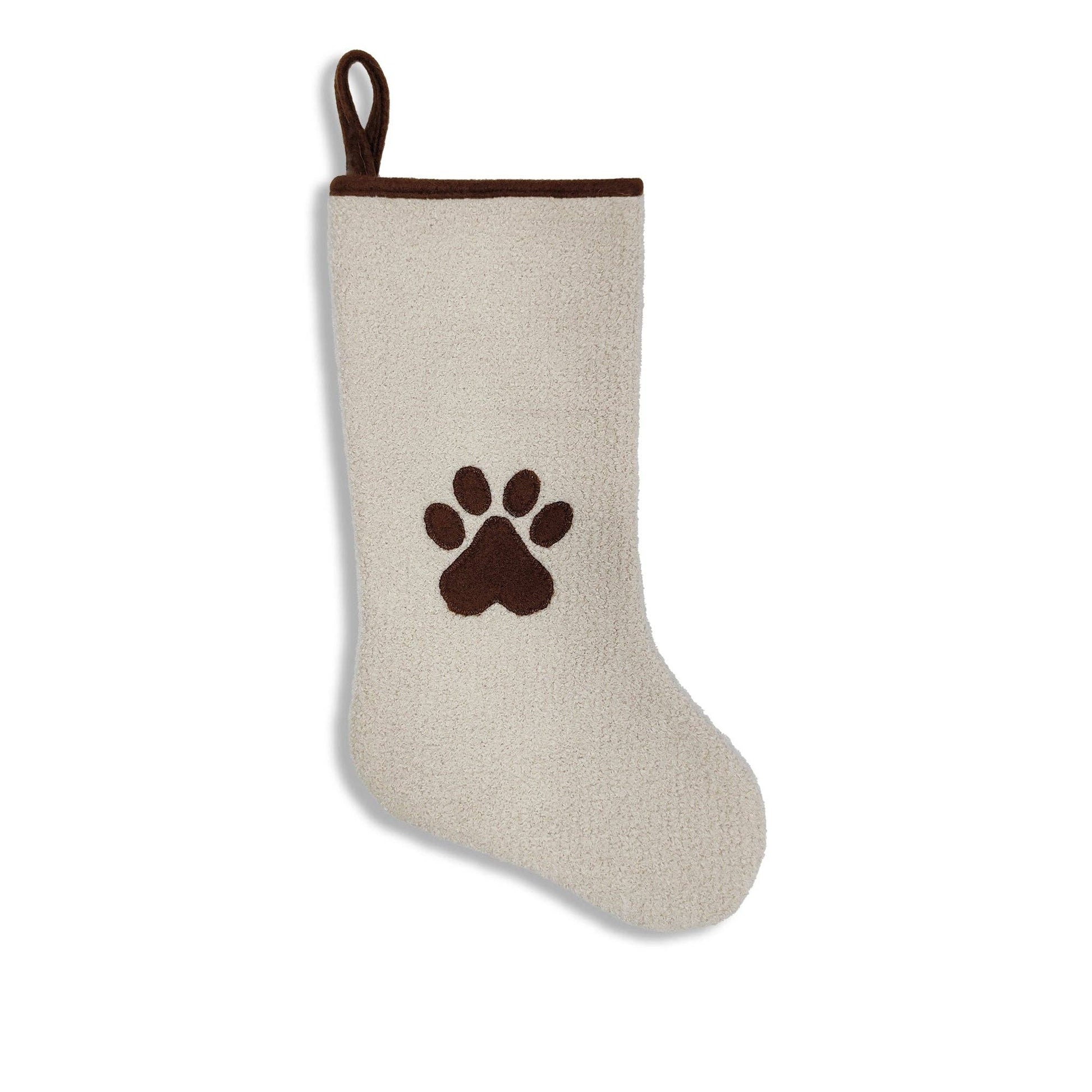 Bouclé Pet Christmas Stocking with Paw Print and Brown Trim