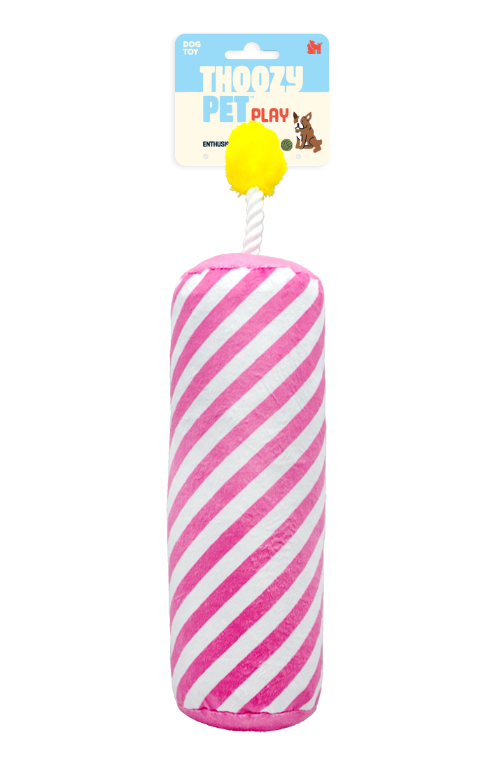 ThoozyPet Birthday Candle Pink Plush Dog Toy with Rope 16"