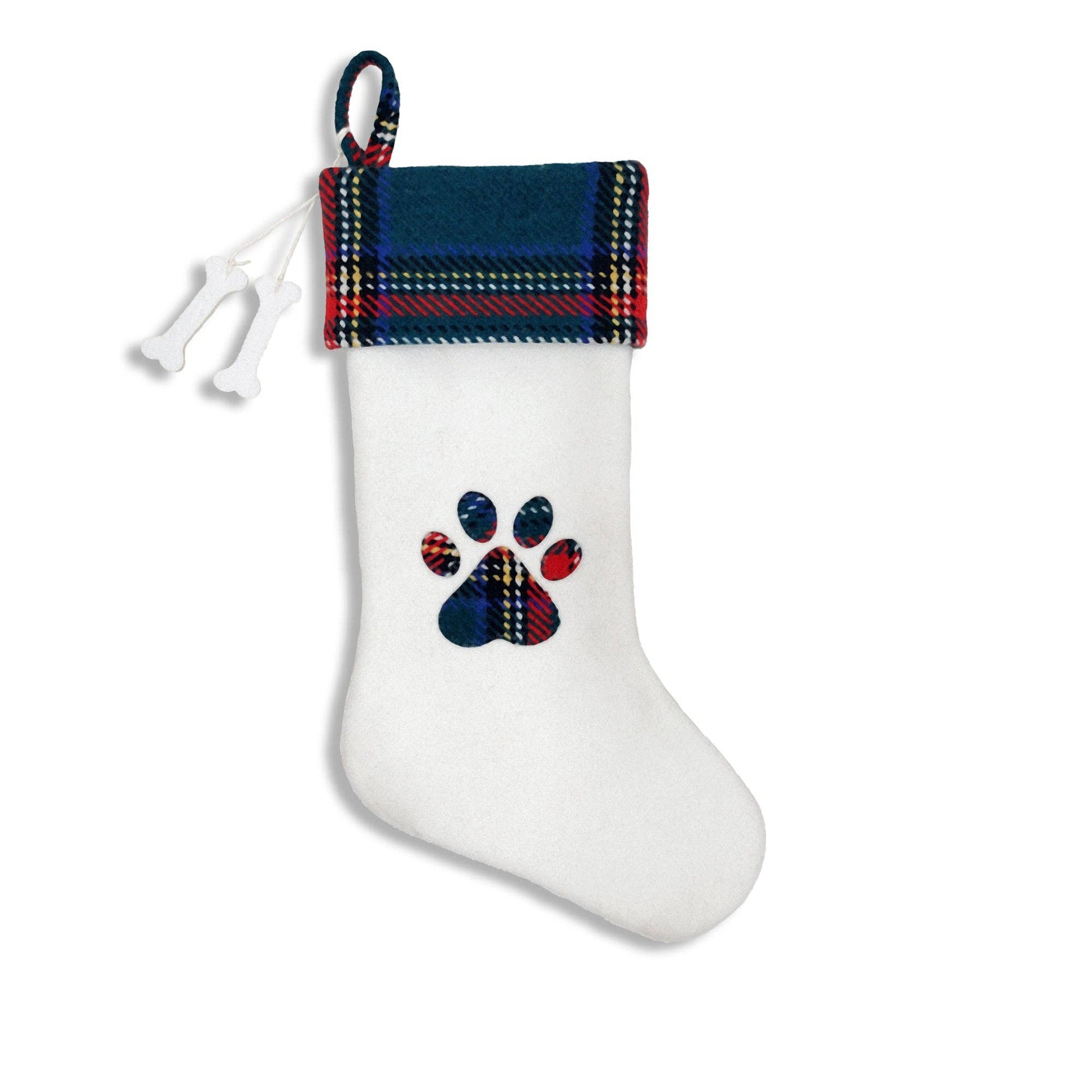 Woven Plaid and Felt Pet Christmas Stocking with Paw Print and Bone Charms